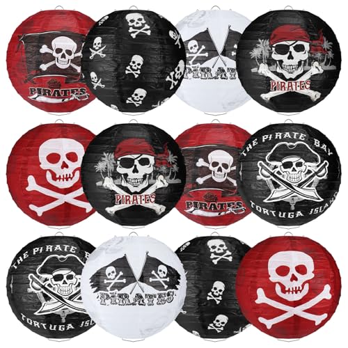 Panelee 12 Pcs Pirate Theme Paper Lanterns Party Decorations 8 Inch Hanging Round Hanging Paper Party Decorations for Holiday Indoor Outdoor Supplies
