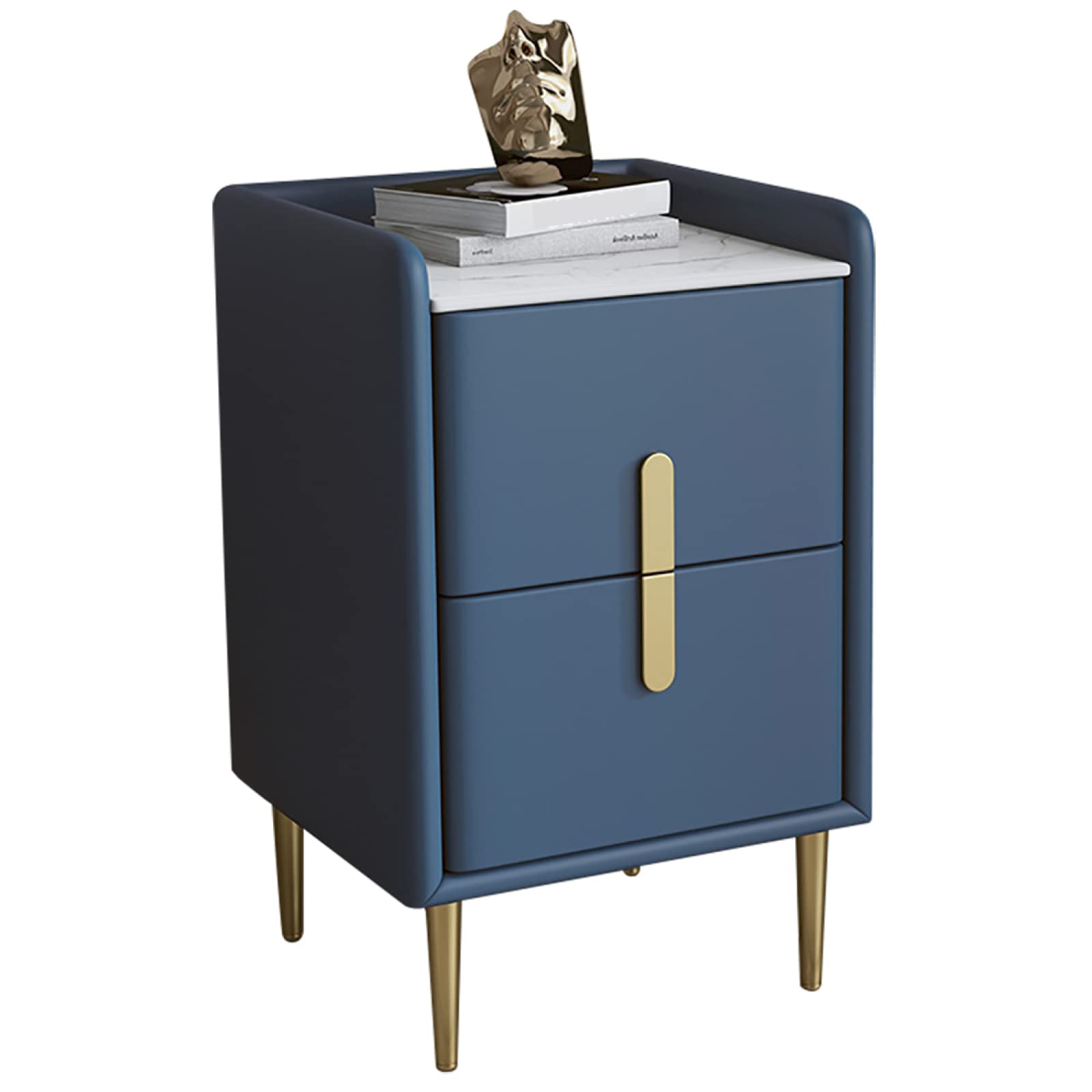 SXZenSpace Mid-Century Modern Bedside Tables|Microfiber Leather Minimalist Practical NightStand|Sintered Stone Countertop Sofa Table For Bedroom Living Room,Navy Blue,35x35x55cm(13.7x13.7x21