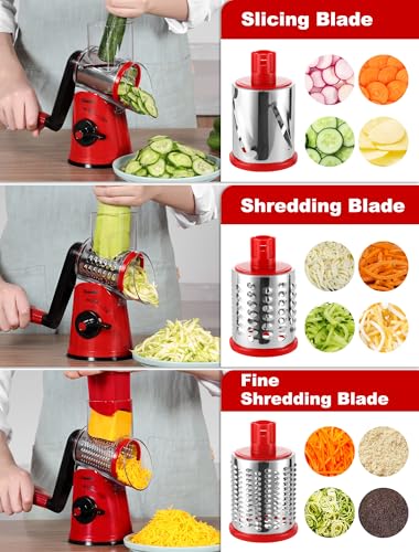 Image of Geedel Rotary Cheese Grater Vegetable Shredder With 6 Interchangeable Blades No Slip Suction Base, Mandoline Slicer & Food Chopper for Cheese, Ice, Nuts, Vegetables, Veggie