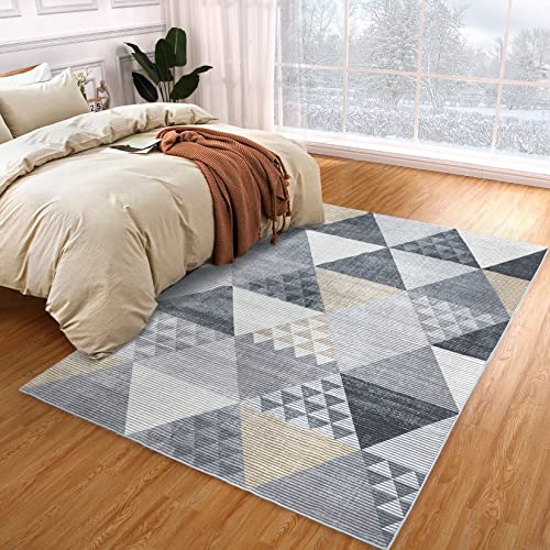 Rugsreal Area Rug For Living Room 5' X 7' Modern Geometric Tile Velvet Floorcover Indoor Carpet Washable Contemporary Accent Area Rugs For Bedroom Home Office Kids Room, Grey And Yellow #TOP1
