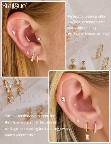 Staligue Tiny Hypoallergenic Surgical Steel Earrings for Women Men 14K Gold Plated Flat Back Stud Earrings for Sensitive Ears 20G Gold Flatback Stud Hoop Cartilage Earring Set for Multiple Piercing4