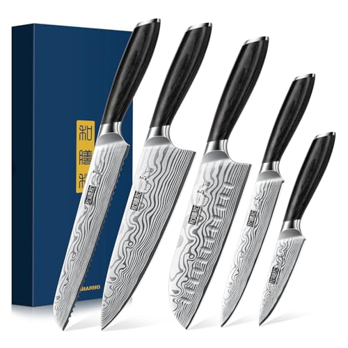 HOSHANHO 5-Teilig Messerset, Kochmesserset Professionelles Pulverstahl Chefmesser Set, Ultra Scharfes Japanisches Küchenmesserset mit Ergonomischem...