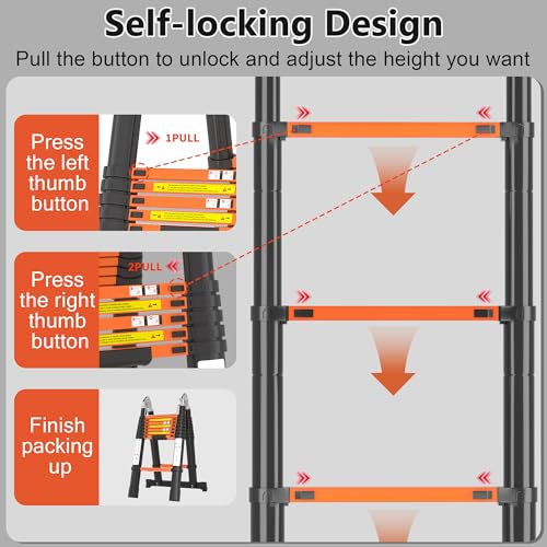 Image of Telescoping Ladder A Frame 16.5Ft with Stabilizer Bar, Black+Orange | 330 LBS Capacity, Aluminum, Collapsible Extension Ladder with Non-Slip Feet for House, Roof, RV & Travel Trailer