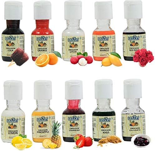 Lezzet Emulsion Assorted 20ml, Pack Of 10 Emulsion (Orange, Mango, Pineapple, Lemon, Khus, Red Rose, Kala Khatta, Strawberry, Cola, Litchi)