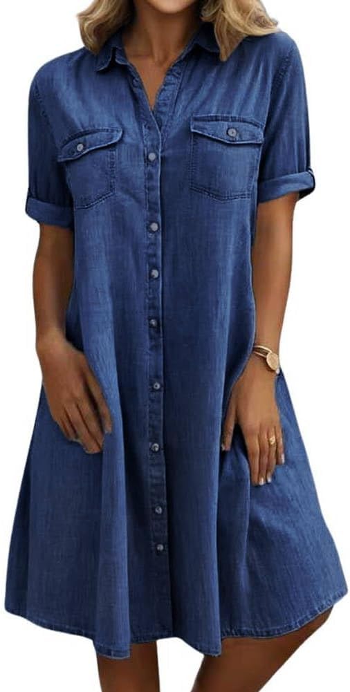 Women's Summer Short Sleeve Denim Shirt Dress Casual Button Down Loose Fit Midi Long Jean Dress