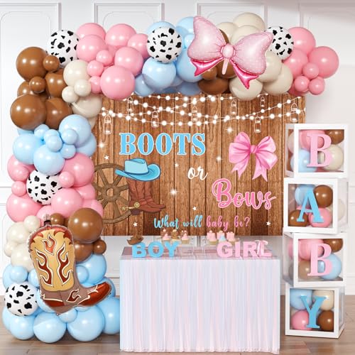 Boots or Bows Gender Reveal Decorations - 141pcs Pink Blue Balloon Arch Kit 4pcs Baby Box With Letters What Will Baby Be Backdrop Western Themed Cowboy or Cowgirl Gender Reveal Party Supplies