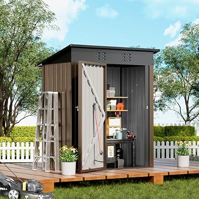 COMHOMA Shed Outdoor Storage Shed Metal,Lockable Doors Tool Sheds with Sloping Roof,Steel Garden Shed with Air Vent for Backyard,Patio,Lawn,Poolside(Brown,5'*3')