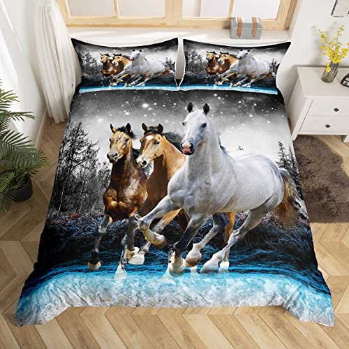Feelyou Horse Duvet Cover Galloping Horse Bedding Set for Kids Boys Girls Wildlife Comforter Cover Farm Animal Bedspread Cover 1 Duvet Cover with 1 Pillowcase Twin Size (No Comforter)