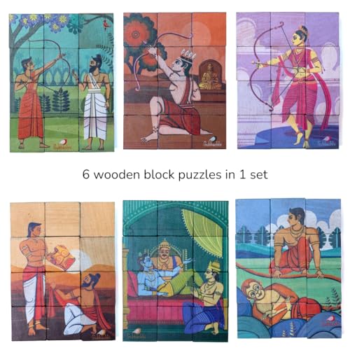 Image of 3D Wooden Toys for Kids 3-8 Yrs | 6 Puzzles in 1 Toy + 30 Activities | 12 Natual Wooden Puzzles for Kids with Activity Book | Indian Folk Art Wooden Blocks | Mahabharata Theme
