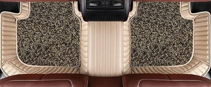 Image of 9D Premium Leatherette Car Foot Mat for Volkswagen Taigun || Luxury Leather with Grass Mat Complete Set || 100% Waterproof and Washable || Custom Fitted Car Floor Tray Mat - (Beige)