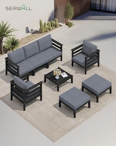 Image of SERWALL HDPE Patio Furniture Set, 8 Pieces Composite Outdoor Furniture | All-Weather Wood-Like Outdoor Sofa Couch with Coffee Table, Modular Design for Flexible Combination