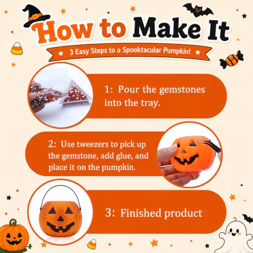 SiliFine Halloween Mini Orange Pumpkin Bedazzling Kit 2.5 Inch DIY Coloring Decorations with Pumpkin Gem Glue Tray and Tweezer Art and Craft Party Supplies for Holiday Festive Gift - Image 5