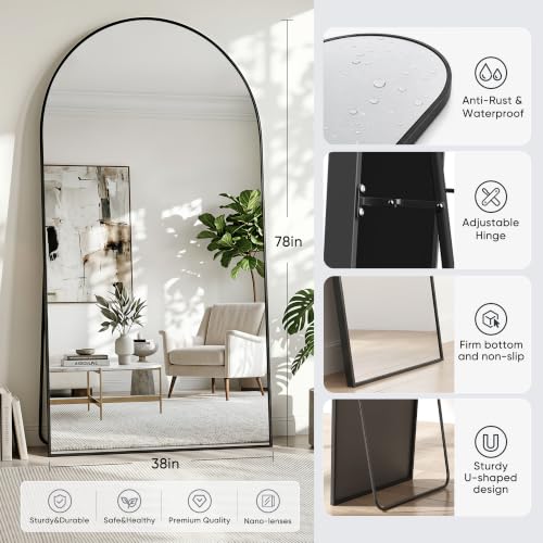 Image of Full Length Mirror, 78 inchx38 inch Arched Floor Mirror Freestanding, Floor Standing Full Body Mirror with Stand for Bedroom, Hanging Mounted for Living Room Cloakroom, Black
