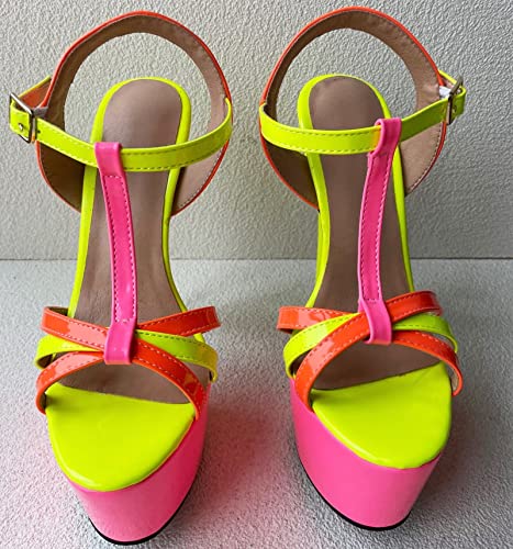 Frankie Hsu Sexy Stiletto Platform T-Strap High Heeled Sandals, Fashion Neon Colorful Fluorescent Pink Orange Yellow Party Style, Big Large Size Designer Shoes For Women Men4