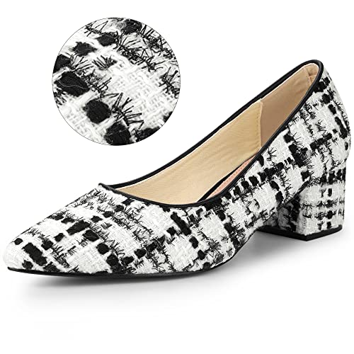 Allegra K Women's Pointy Toe Tweed Plaid Knitted Printed Chunky Heels Pumps2