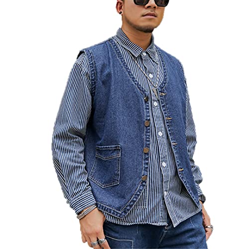 Fulbant Men V-Neck Denim Vest Single Breasted Pockets Jeans