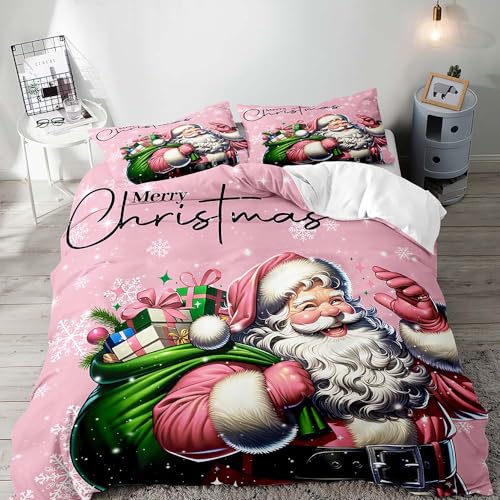 LUVIVIHOME 3PCS Pink Santa Claus Duvet Cover Queen, Christmas Bedding Sets, Pink Duvet Cover, Kids Girls Bedding, Snowflake Holiday Xmas Gifts Christmas Comforter Bedspread Quilt Cover, 2 Pillow Shams