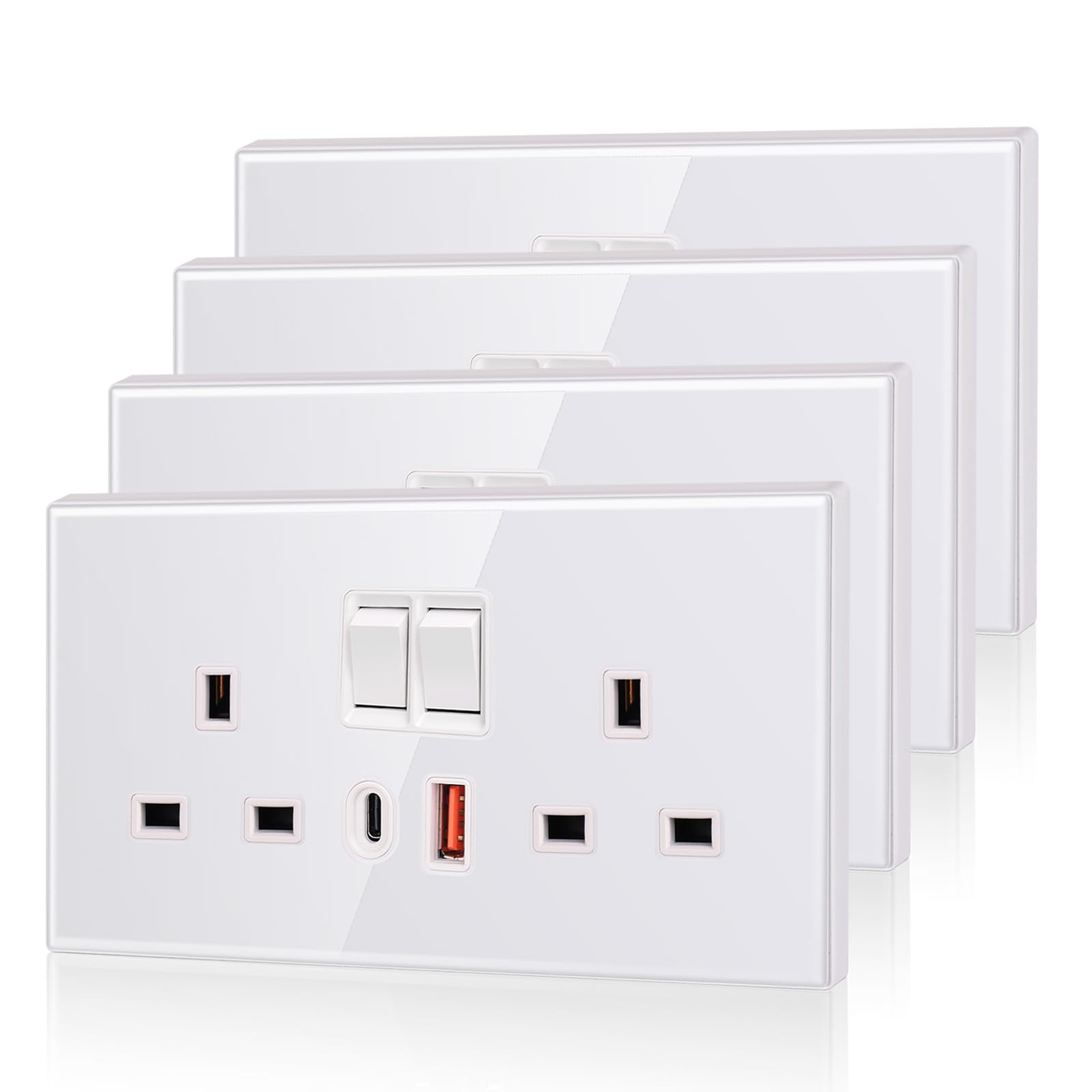 4 Pack CNBINGO USB Type C Glass Double Socket, 20W Max Fast Charging, Double Switched Socket with 20W PD USB C and A, 2 Gang Electric Power Socket, White Wall Outlet with Tempered Glass Panel
