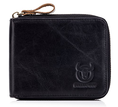 BULLCAPTAIN Men Genuine Leather Zipper Wallet RFID Blocking Bifold Wallets ID Window Credit Card Case (Black)2