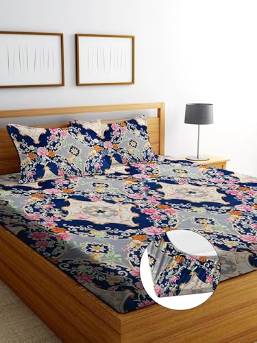 Image of DECORUM Glace Cotton Fitted 1 Bedsheet King Size (72 inchx78 inch) | All Around Elastic | Cotton Feel | 2 Pillow Covers (17 inchx27 inch) | Fits Up to 8 inch Mattress | 200-220 TC | Printed Double Bed Sheet Set