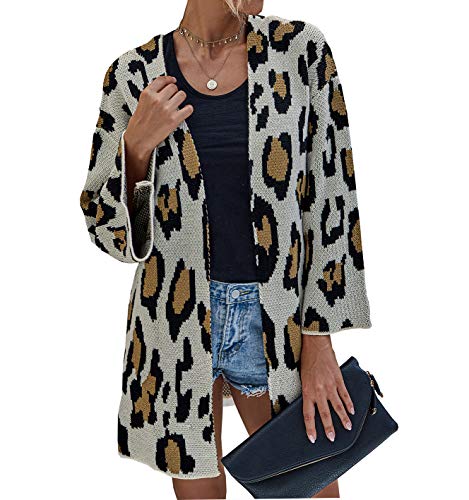 BTFBM Women Open Front Long Sleeve Casual Plain Knit Pockets Ribbed Hem Cuffs Side Slits Long Chunky Sweater Cardigan (Leopard Apricot, Large)