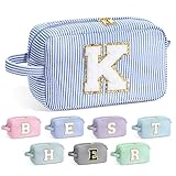 YOOLIFE Makeup Bag for Women - Monogram Cute Initial Blue Makeup Bags Cosmetic Toiletry Pouch Make Up Case for Women Her Best Friend Friendship Sister Teacher, Personalized Birthday Gifts for Women K