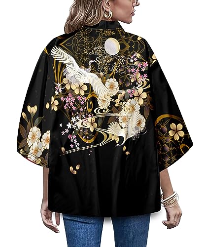 LAI MENG FIVE CATS Women's Summer Cardigan Lightweight Kimono Floral Print Loose Cover up Casual Tops