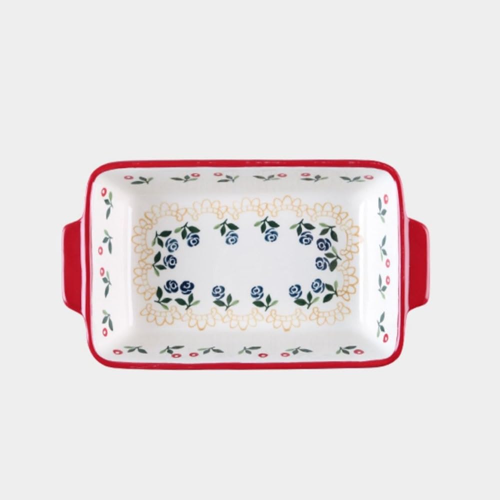 Plat de Cuisson Moule à pâtisserie rectangulaire en céramique Fleurs peintes la Main, Double poignée, for Riz cuit au Four, Steak(Grand)