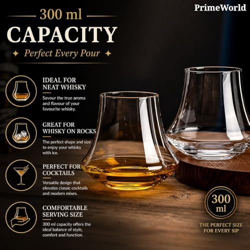 Image of PrimeWorld Old Fashioned Whiskey Glasses 300 ml - Set of 6 Pcs | Hand-Blown Lead-Free Crystal Glass Tumblers for Bourbon, Scotch, Whisky, Cocktails & Cognac | Premium Barware for Men & Women