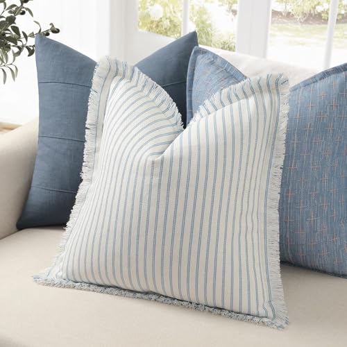 Image of ZWJD Throw Pillow Covers 12x20 Set of 2 Striped Pillow Covers with Fringe Chic Cotton Decorative Pillows Square Cushion Covers for Sofa Couch Bed Living Room Farmhouse Decor, (Light Blue)