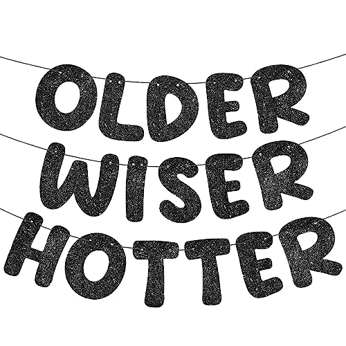 Image of Fulmoon Set of 3 Pre Strung Older Wiser Hotter Glitter Banner Funny Birthday Banner for Women 30th 40th 50th 60th 70th 80th Birthday Party Decorations Sign Gift(Black)