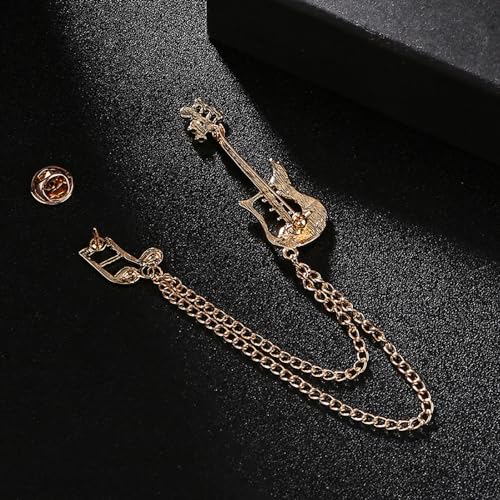 Image of Fashion Guitar Long Chain Lapel Brooch Pin with Music Note Rhinestone Musical Instrument Tassel Pins for Women Girls Men Suit Sweater Coat Jacket Backpack Brooches Pins Musician Party Clothes Accessories Jewelry Gifts