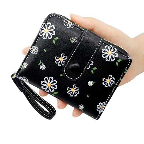 Small Wallets for Women Leather Bifold Zipper Pocket Colorful Flowers Wallet Credit Card Holder with ID Window2