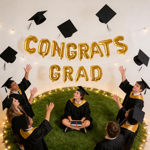 Image of Congrats Grad Balloon Banner, Congratulations Balloons for Graduation Party Decorations 2026, Gold