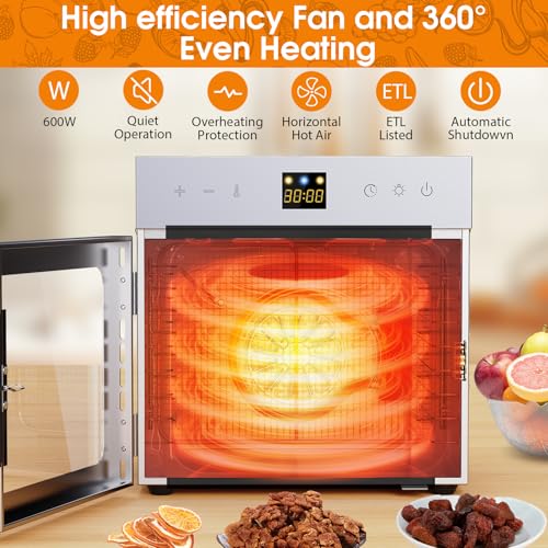 Dehydrators for Jerky, 8 Stainless Steel Trays, 600W Fruit Dehydrator, 24H Timer and 190°F Temperature Control, Overheat Protection, Food Dryer for Jerky, Herbs, Fruit, Dog Treats