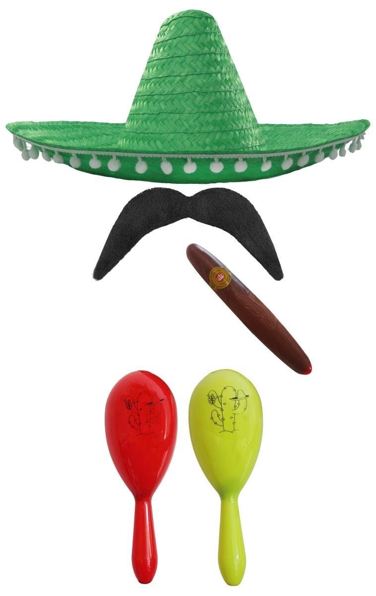 Mexican Fancy Dress Accessory Set. Mexican Sombrero + Maracas + Tash. Perfect For Mexican Fancy Dress Costumes Senorita Bandit Mariachi (Green Pom Pom Sombrero + Red And Yellow Maracas)