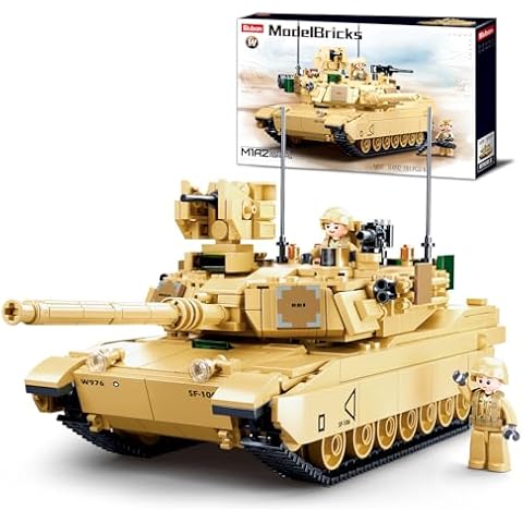 WW2 Army Tank M1A2 Main Battle Tank Military Model Toy Kits, Inspired M1A2 Abrams Tank Brick Building Set, Including 2 Soldier Minifigures, Gifts for 6-12 Year Old Kids, Compatible with Lego, 781 PCS Cover