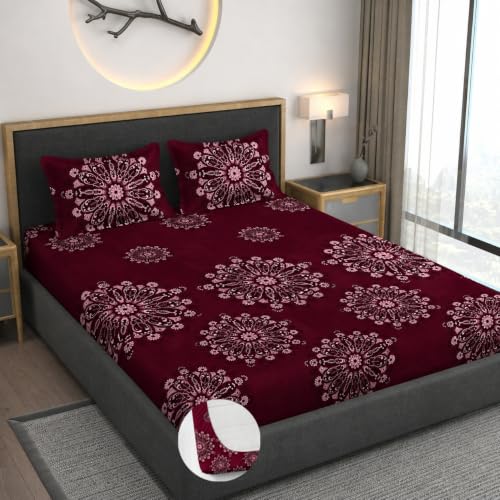 Image of Vaini Premium Heavy Cotton Elastic Fitted Bedsheets with 2 King Size Pillow Covers || Double Bed with All Around Elastic 350 TC || 60 x 78 x 8 Inch Queen Size Fitted || :- Maroon Big Flower