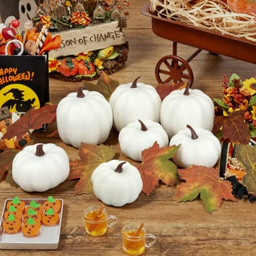 Image of Ghrdopy Fake Pumpkins, 7 Pcs White Artificial Pumpkins, Plastic Pumpkins for Thanksgiving Party Table Centerpiece Autumn Home Decoration-A