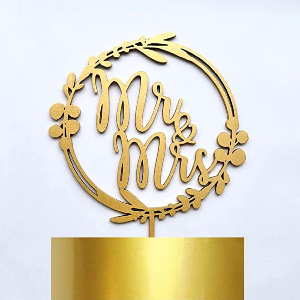 1PCS Mr & Mrs Cake Topper - Wooden Leaves Wreath Wedding Cake Toppers Bride and Groom Party Cake Decorations Supplies (Gold)
