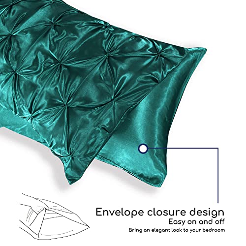 MR&HM Satin Comforter Twin 5 Pieces - Luxurious Pinch Pleat Bedding Set with Comforter, Flat Sheet, Fitted Sheet, Pillowcase & Sham, Super Silky Soft Bed Set for All Season (Twin, Peacock Green)