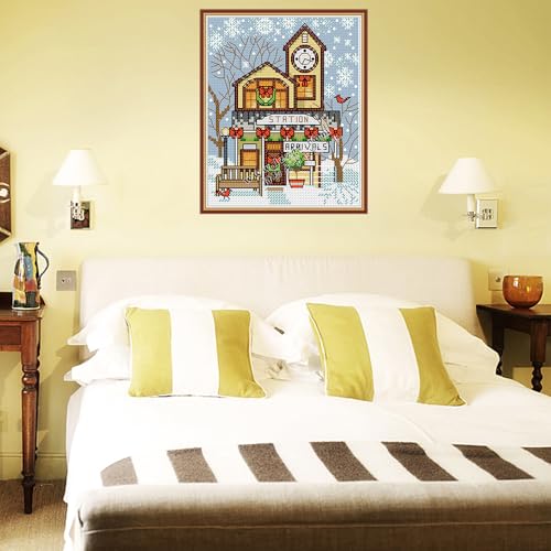 Image of CROSSDECOR Cross Stitch Kits for Adults,Stamped Cross Stitch Kits,14 CT Patterns Dimensions Counted Cross Stitch Kits for Arts Craft Kits,Christmas Cottage 5.9x6.7in