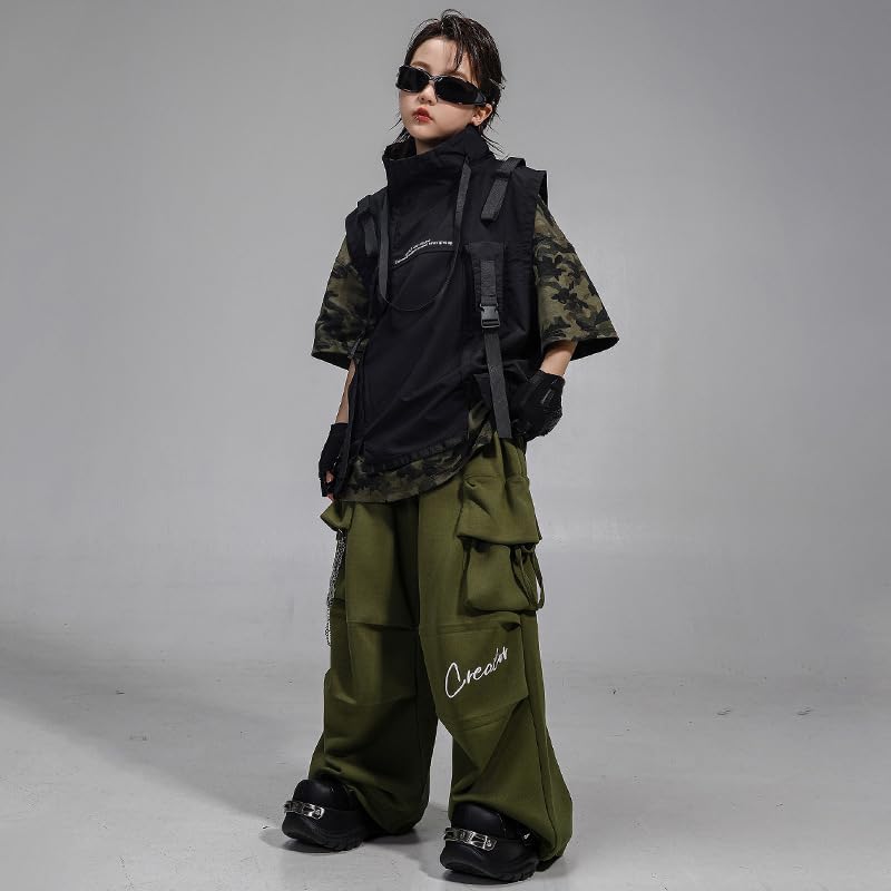 [WJ-SISI] キッズ ダンス 衣装 セットアップ 女の子 男の子 半袖 tシャツ 迷彩柄 ベスト カーゴパンツ ダボダボスボン