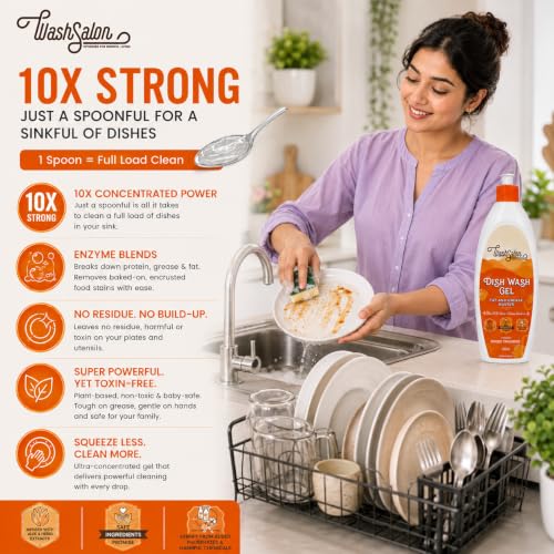 Image of Dishwash Liquid 500ml | 10X Concentrated Dishwashing Gel | Tough on Grease & Stains | Kitchen Utensil Cleaner | Gentle on Hands | Non-Toxic, No Added Colors