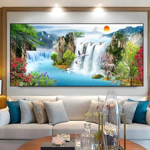 Impression sur toile paysage lac et oiseau grand format 50x100 cm sans cadre pour salon