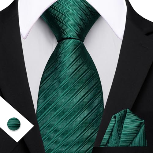 Image of Barry.Wang Solid Striped Tie for Men Silk Necktie Pocket Square Cufflinks Formal Wedding Party Business