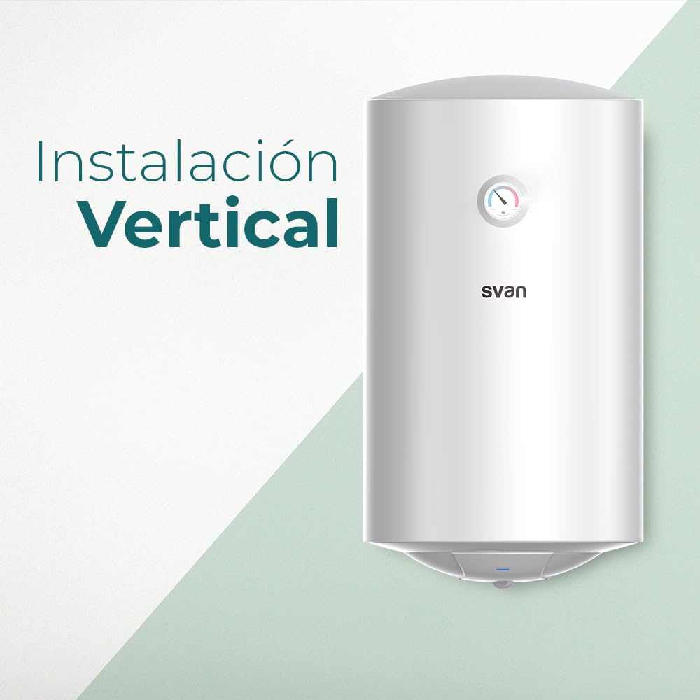 Svan Termo Eléctrico Vertical 50 Litros ST5001S. Instalación Vertical, 1500W, Incluye Kit de Montaje, Resistencia de Acero inoxidable, Blanco, Eficiencia Energética Clase C