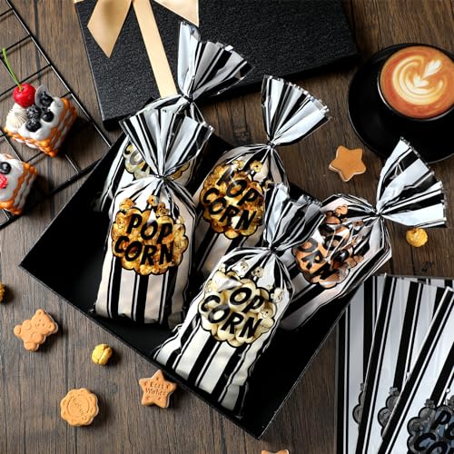 Image of 400 Pcs Popcorn Bags Bulk Movie Night Pop Corn Plastic Bags for Popcorn Machine Pop Corn Snack Containers with Twist Ties for Carnival Graduation Party Supplies (Retro,Black)
