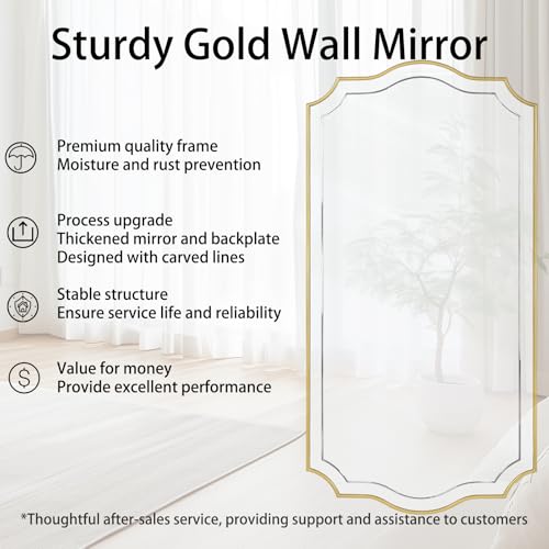 Image of POZINO 47 inchx24 inch Large Scalloped Wall Mirror, Gold Elegant Decorative Mirror | Thickened Wooden Frame, HD Glass, Horizontal /Vertical Hanging, Rectangle Wavy Wall Mirror for Entryway Bedroom Living Room