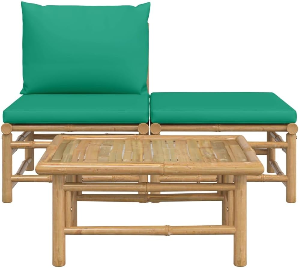 3 Piece Patio Lounge Set with Green Cushions Bamboo, Patio Sofas, Sectional Sofa Units